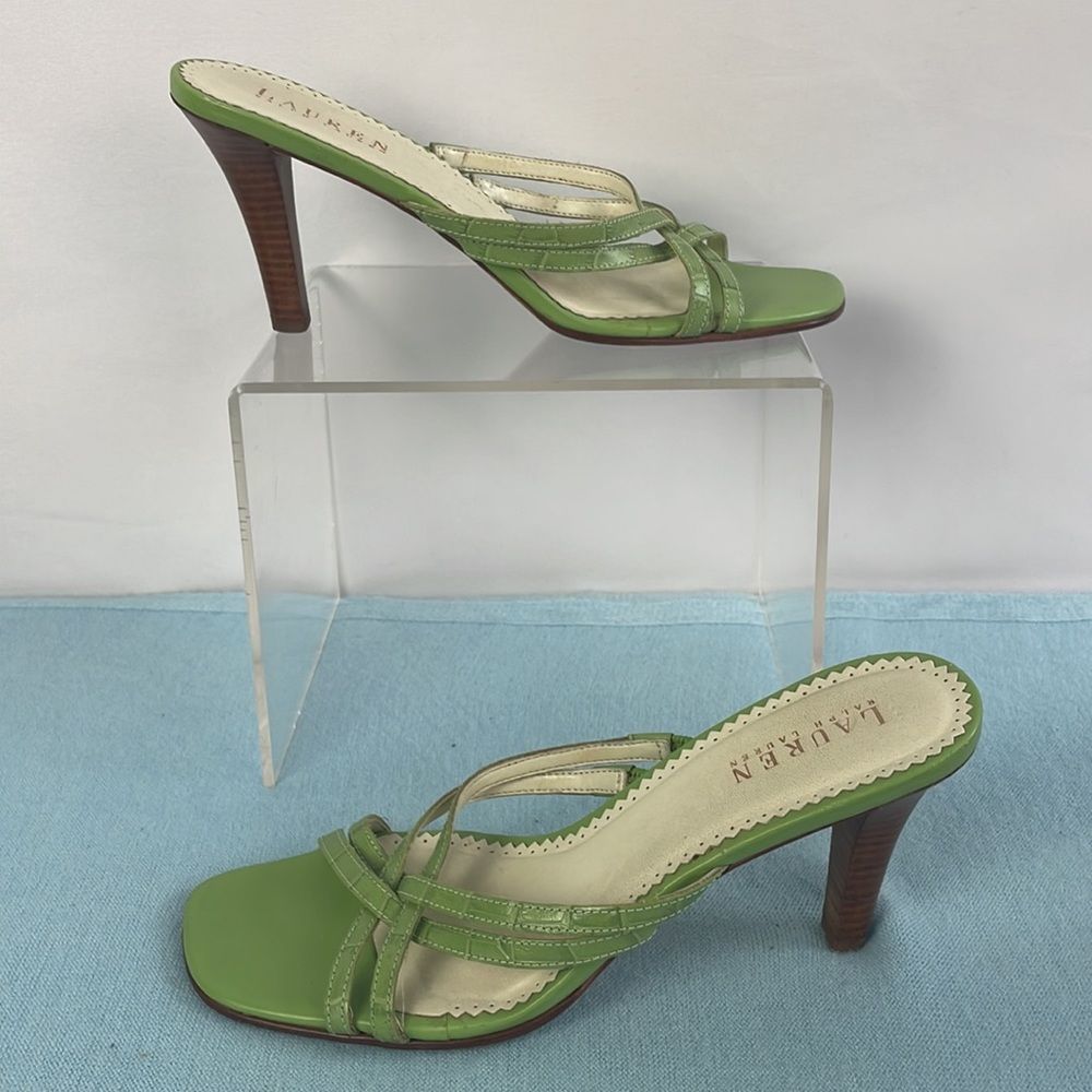 Ralph Lauren Green Strappy Wood Heels - Picture 2 of 8